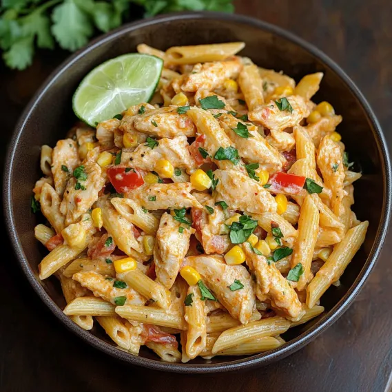 A bowl of pasta with chicken and vegetables.