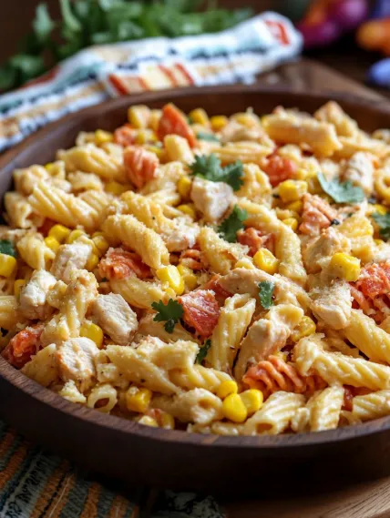 A bowl of pasta with chicken and vegetables.