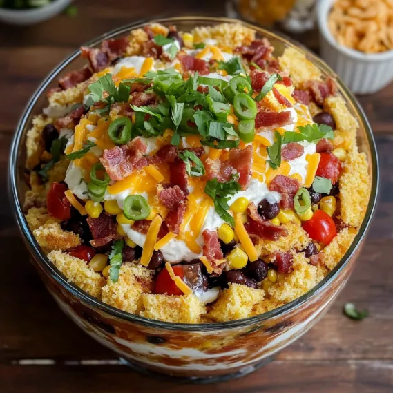 A bowl of food with bacon, cheese, corn, and tomatoes.