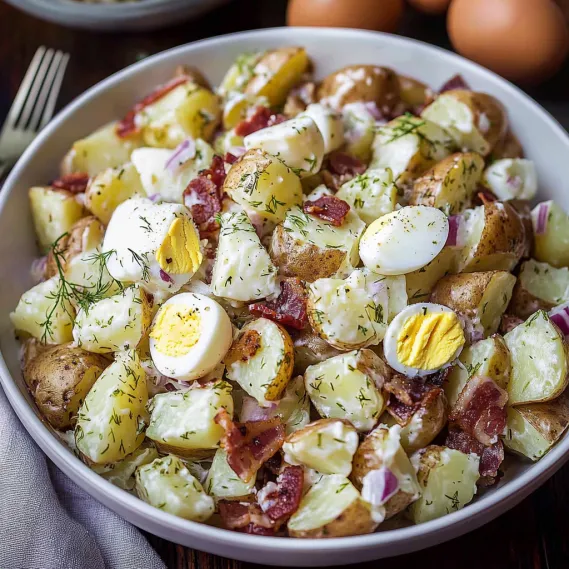 A bowl of potatoes and eggs.