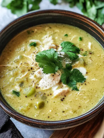 A bowl of soup with chicken and green peppers.