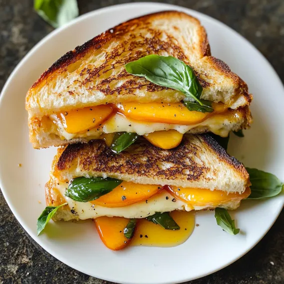 A sandwich with cheese and vegetables on a white plate.