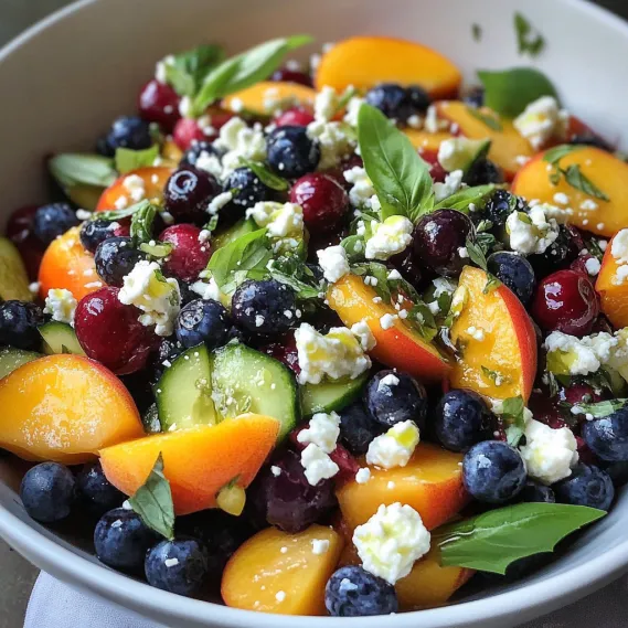 A bowl of fruit with blueberries, peaches, and cucumbers.