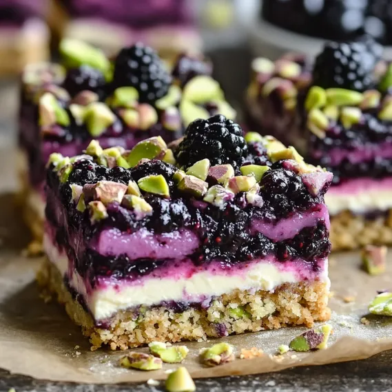 A slice of blueberry cheesecake with almonds on top.