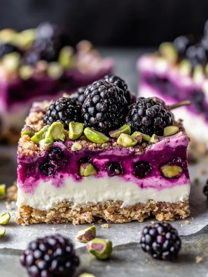 A slice of cake with blackberries and almonds.
