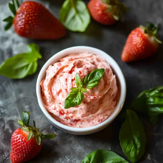 A bowl of strawberry jam with green leaves.