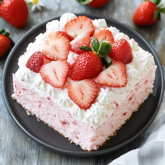 A slice of cake with strawberries on top.