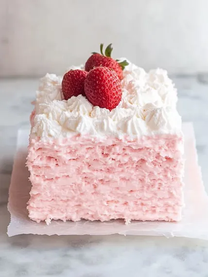 A slice of pink cake with strawberries on top.