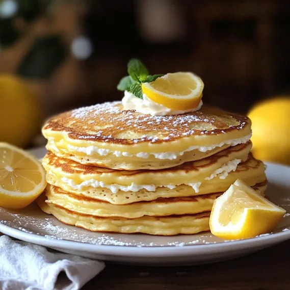 A stack of pancakes with lemon wedges on top.