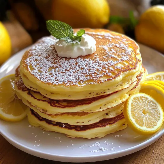 A stack of pancakes with lemon wedges on top.