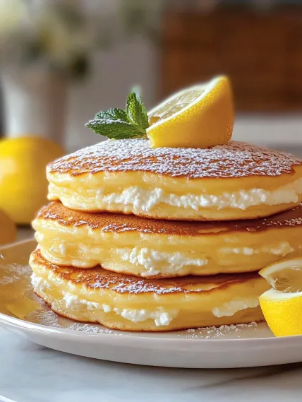 A stack of pancakes with lemon wedges on top.