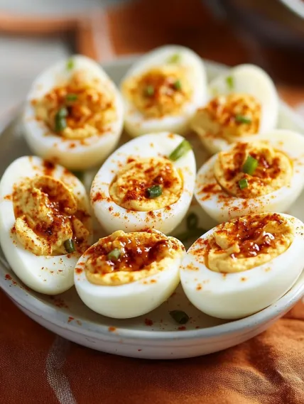 A plate of eggs with a spicy sauce.