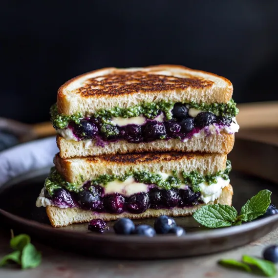 A stack of sandwiches with blueberries and mint.