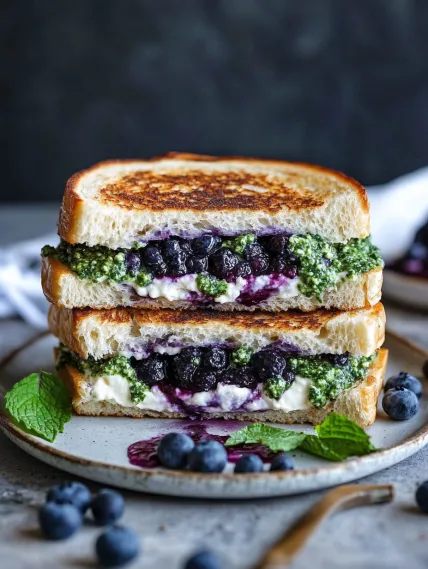 A sandwich with blueberries and mint.