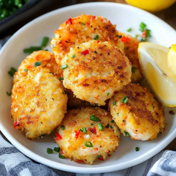 A bowl of shrimp cakes with lemon wedges.
