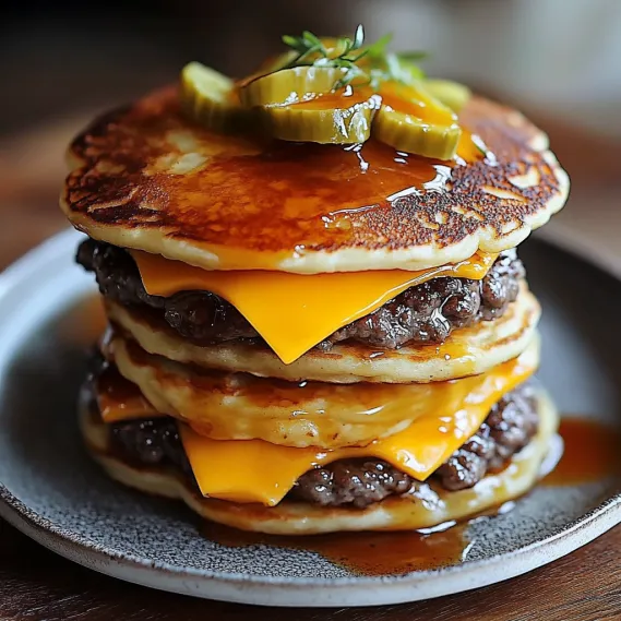 A stack of pancakes with cheese and pickles on top.