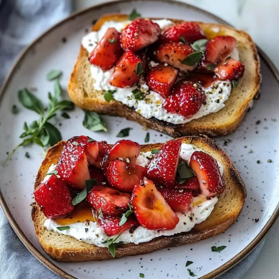 Two slices of bread with strawberries and whipped cream.