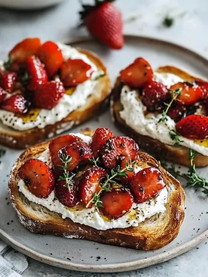 Two slices of bread with strawberries and whipped cream.