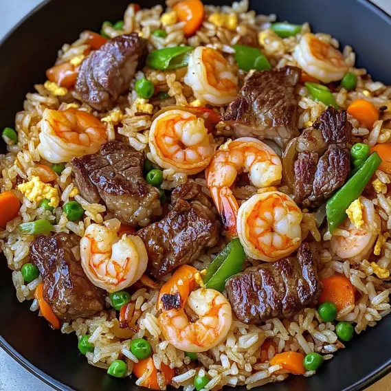 A bowl of rice with shrimp and carrots.