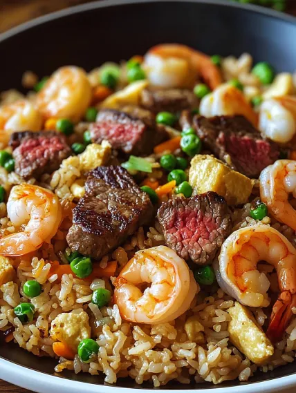 A plate of food with shrimp, rice, and peas.