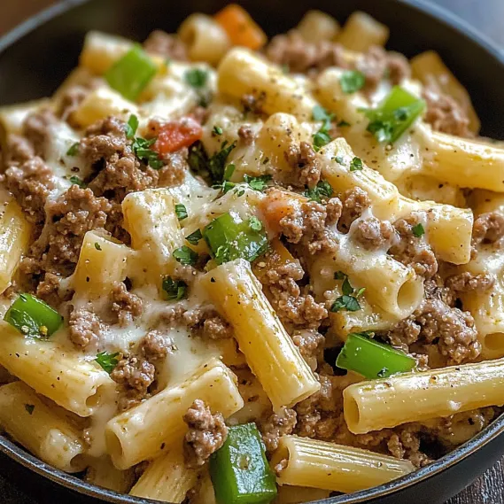 A bowl of pasta with meat and vegetables.