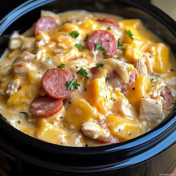 A bowl of soup with sausage and vegetables.