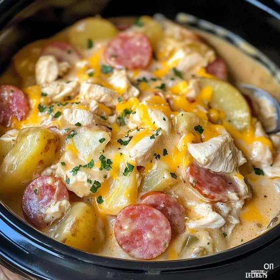 A bowl of chicken soup with sausage and potatoes.