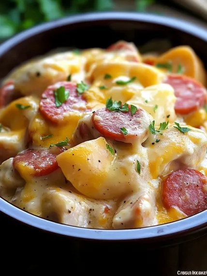 A bowl of food with sausage and cheese.