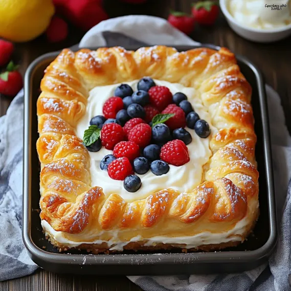 A dessert with blueberries and raspberries.