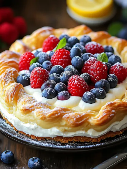 A slice of cake with blueberries and raspberries on top.