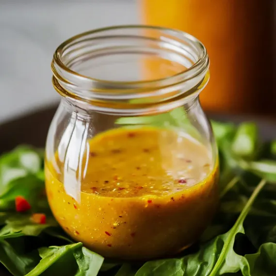 A jar of sauce with a leaf on top.