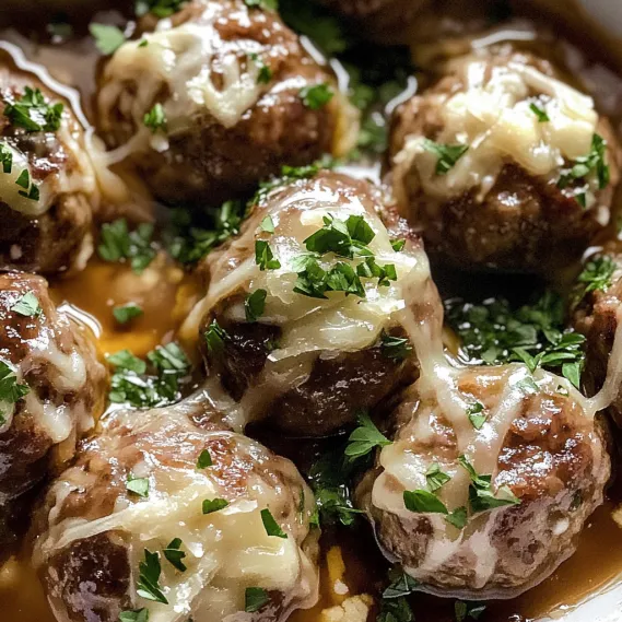 A bowl of meatballs with cheese and herbs.