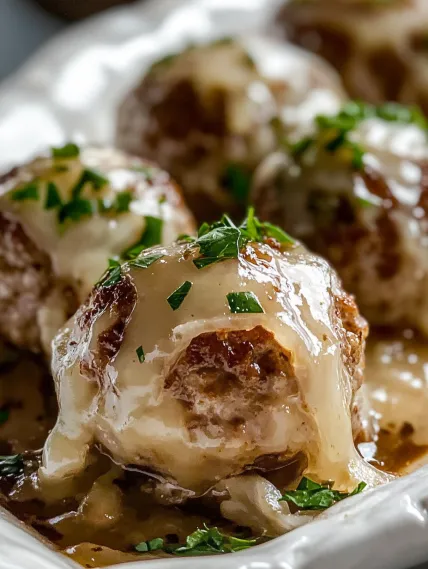 A plate of meatballs covered in cheese.