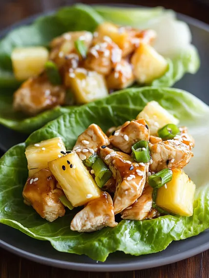 A plate of food with chicken and pineapple.
