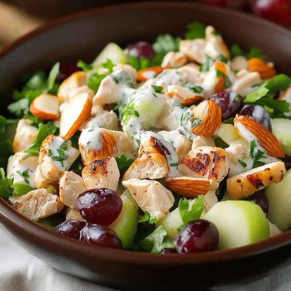 A bowl of chicken salad with grapes and almonds.