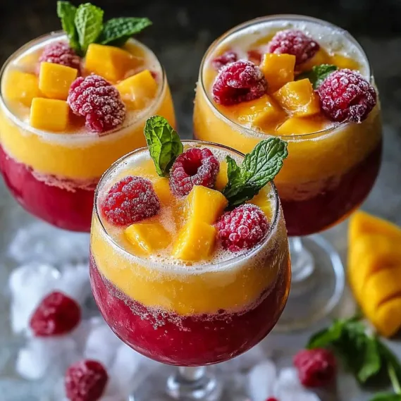 Three glasses of fruit juice with raspberries and mint.