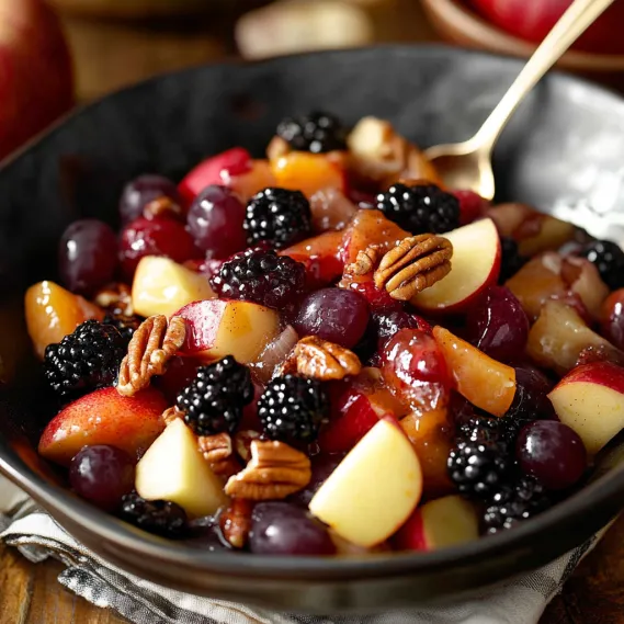 A bowl of fruit with blackberries, apples, and walnuts.