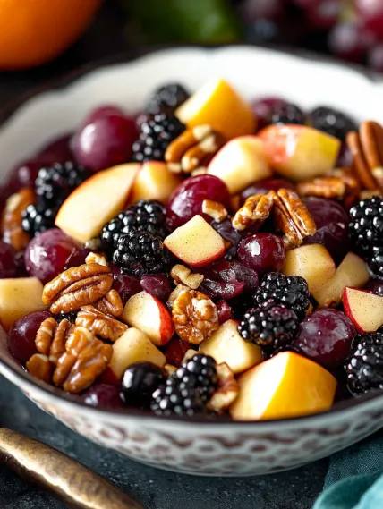 A bowl of fruit with blackberries, apples, and walnuts.