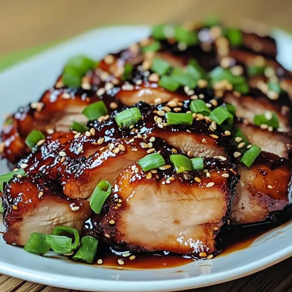 A plate of meat with sauce and green onions.