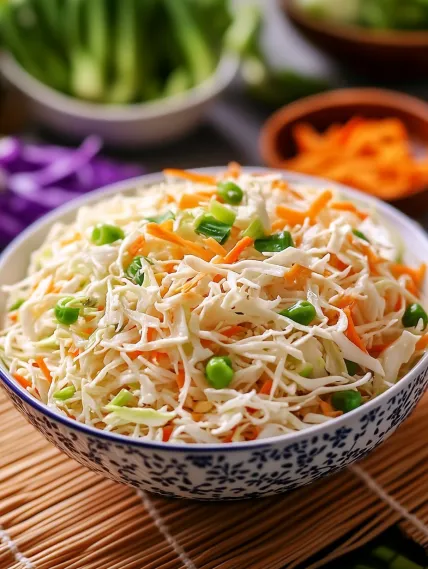 A bowl of shredded cabbage and peas.
