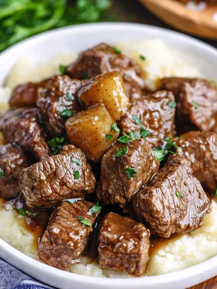 A bowl of meat and potatoes.