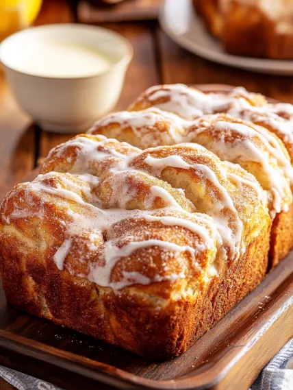 A loaf of bread with white frosting.