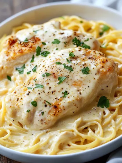 A plate of chicken and pasta.
