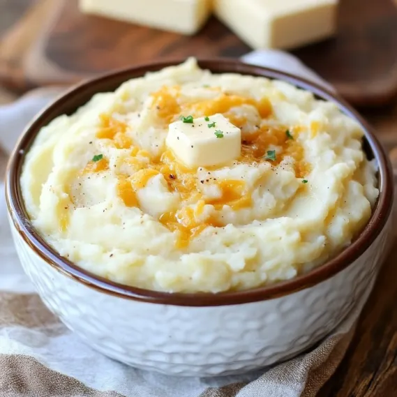 A bowl of mashed potatoes with butter on top.