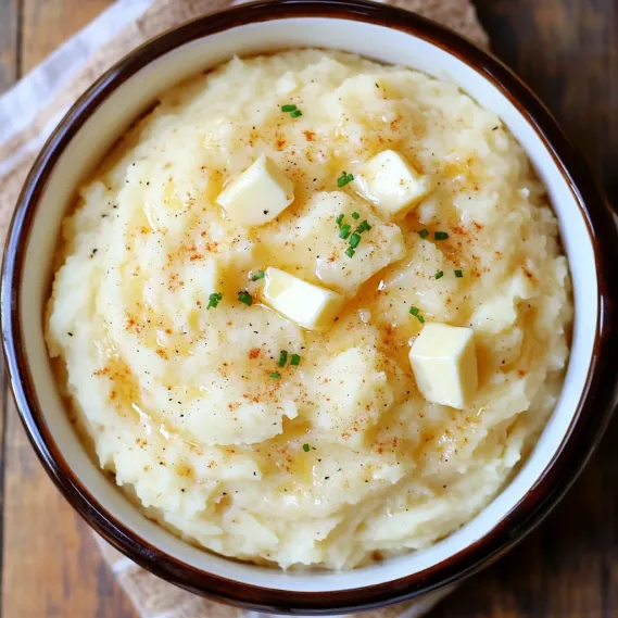 A bowl of mashed potatoes with butter on top.