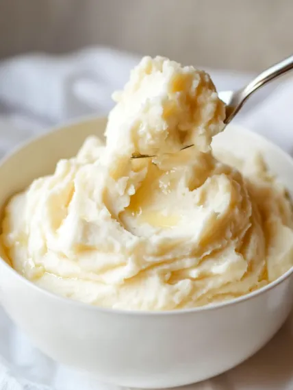 A spoon is in a bowl of mashed potatoes.