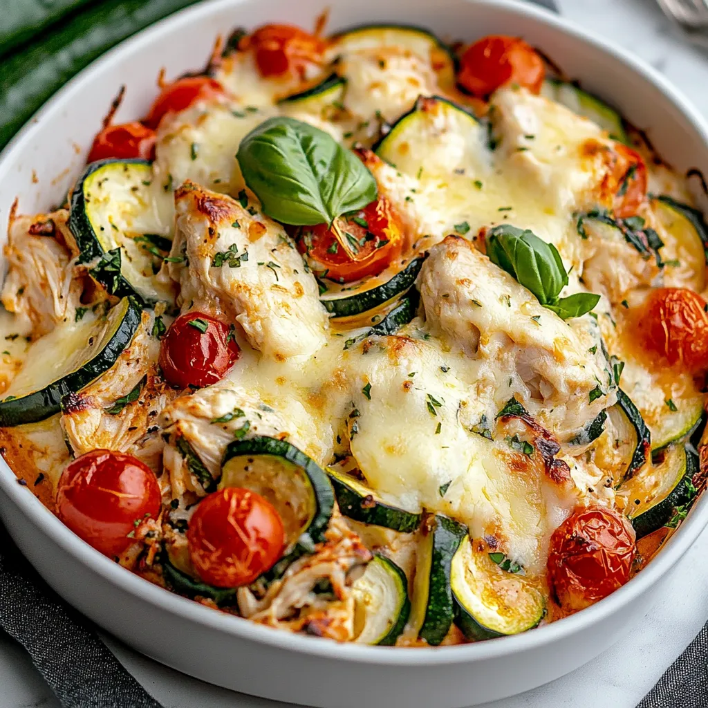 A bowl of food with chicken, tomatoes, and zucchini.