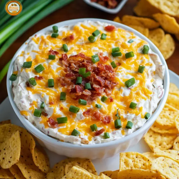A bowl of bacon and cheese dip with chips.
