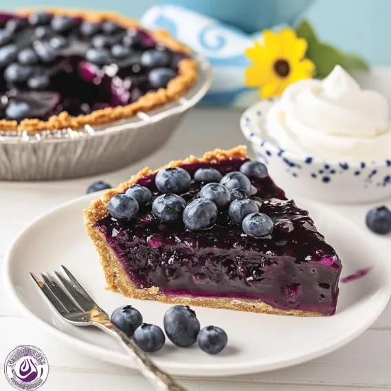 A slice of blueberry pie on a plate.