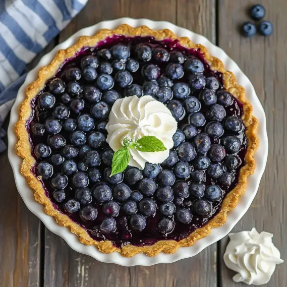 A blueberry pie with whipped cream on top.